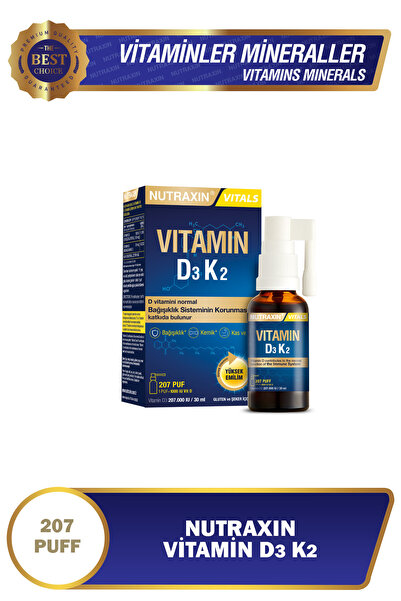Nutraxin Vitals D3k2 30 Ml - 1000 Iu D3 Vitamini, 25 Mcg K2 Vitamini 207 Puf ...