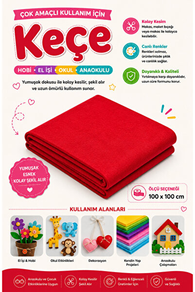 MARVA KEÇE KUMAŞ HOBI KREŞ ANAOKULU İÇİN İNCE 1mm 100cm x 100cm KIRMIZI