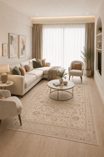 Modern Vintage Desenli Krem Bej Leke Tutmaz Salon, Oturma Odası ve Koridor Halısı