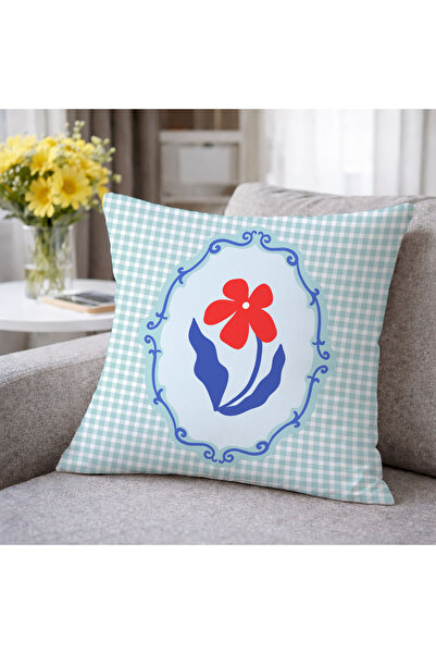 Evmila Blue Checkered Red Floral Pattern Decorative Throw Pillow Cover Retro ...