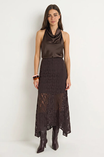 Efnaz style Women's Asymmetrical Cut Lined Lycra Lace Brown Skirt