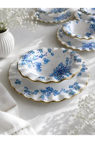 GÜRCÜGLASS Blue Flower Model 12-Piece Breakfast Set with Bowls