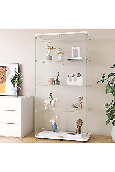 MODERN 64.5'' Glass Display 4-Shelf Cabinet in Clear with Two Door, White Cur...