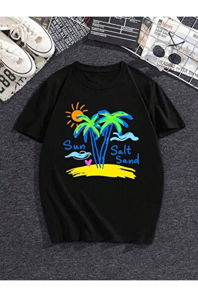 kai22 Women's Y2K White T-Shirt Tropical Palm Tree Sun Pattern - Crew Neck, S...