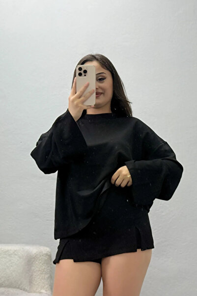 BELENDİR Women's Wide Sleeve Oversize Modal Sweat Black
