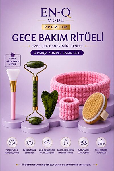 ENQ Gece Bakım Seti 6 Parça – Jade Roller Gua Sha Saç Bandı Bileklik Maske Fı...
