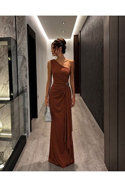 Modafeminen Tile One-Shoulder Draped Long Evening Dress with Buckle Accessori...