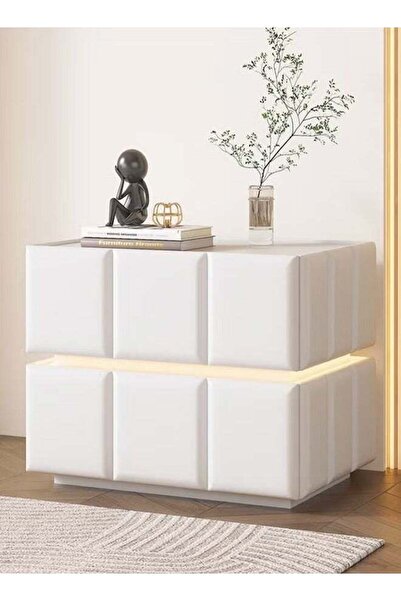 Raffine Modern Minimalist Design Leather Wrapped Nightstand Durable Solid Woo...