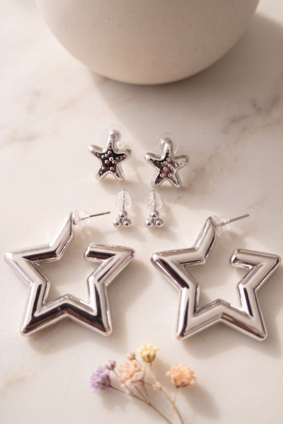 Elika Silver Silver Color Starfish, Star and Minimal Model 3-Piece Earring Set