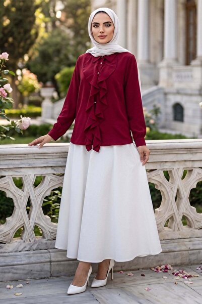 hafsamina Önü Fırfırlı Gömlek Bordo HM2949