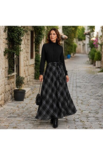 Elaxi Women's Plaid Long Chiffon Skirt with Elastic Waistband