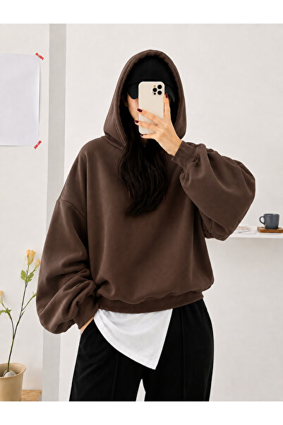 MOONBULL Kadın Kışlık 3 İplik Şardonlu Kapüşonlu Sweatshirt