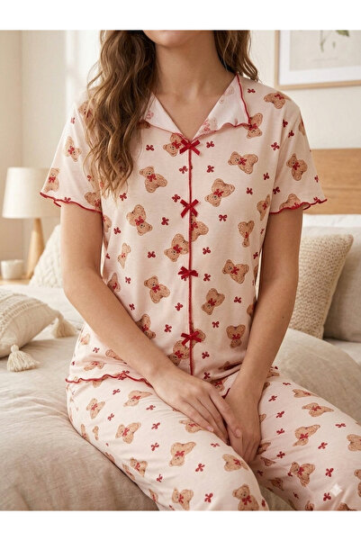 Arvin Pijama Women's Colorful Printed Milan Bow Short Sleeve Pajama Set