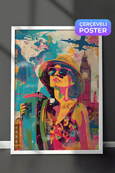 Zestia Bela uokvirena pop art zidna slika za putovanja, kolaž putnice sa temo...