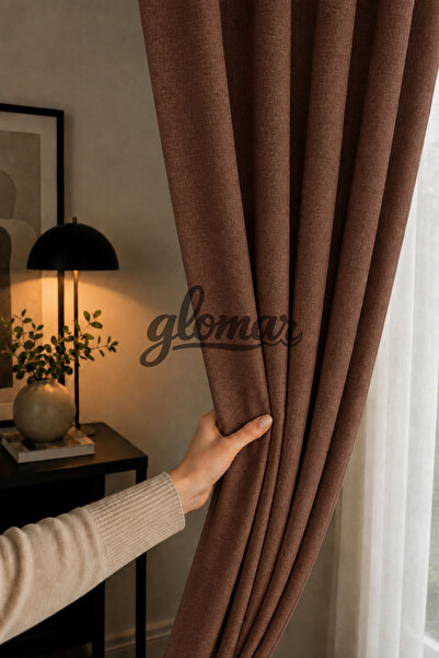 GLOMAR Brown Linen Background Curtain, Flat Stitching, No Pleats, Extrafoam, ...