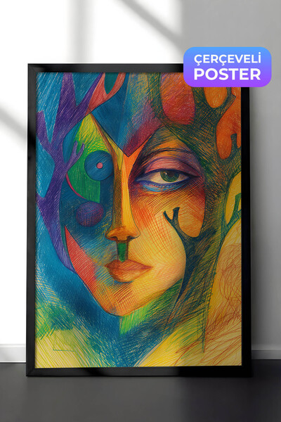 Zestia Pictură murală modernă în stil cubist, cu ramă neagră, față colorată c...