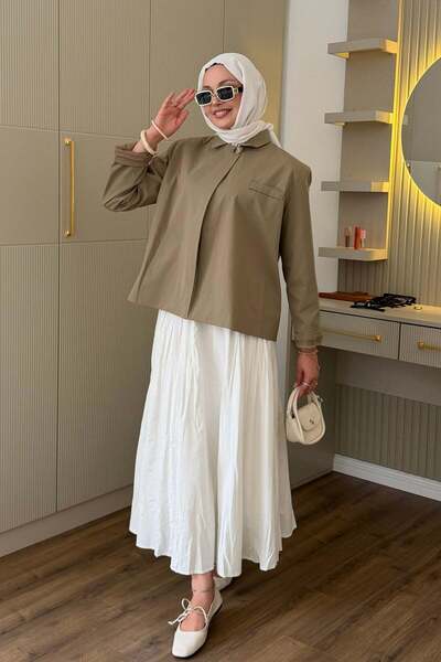Modaensarbutik Modern Trenç Ceketli Etekli Tesettür Takım-HAKİ YEŞİL