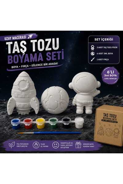 Uzay Temalı 3’lü Taş Tozu Boyama Seti | Roket, Astronot ve Gezegen Figürü | 6’lı 3 ML Boya | Fırça | Aktivite | Boyama Seti