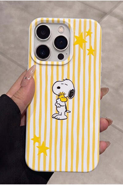KVK PRİVACY iPhone 15 Pro Max Uyumlu Snoopy Desenli Sarı Çizgili Yıldızlı Kad...