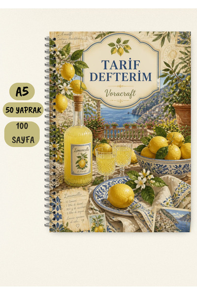 VORACRAFT Yemek Tarif Defteri, Limon Temalı 50 Yaprak /100 Sayfa, A5 / Tel Sp...