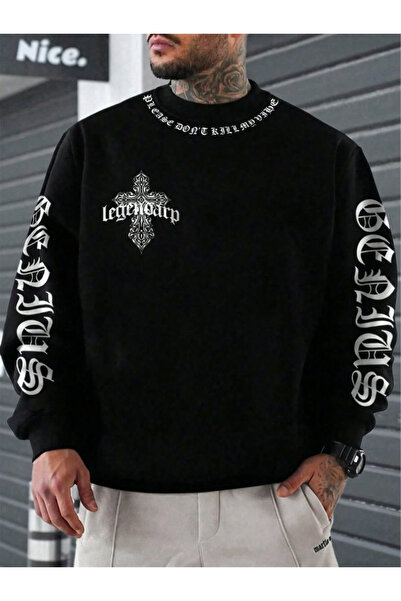ZAVIXO Gotik Baskılı Oversize Sweatshirt Bisiklet Yaka Kol Yazılı Cross Desenli Streetwear