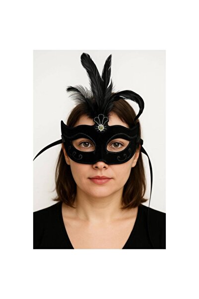 pınaxar Black Color Feathered Black Suede Coated Party Prom Mask 20X16 cm