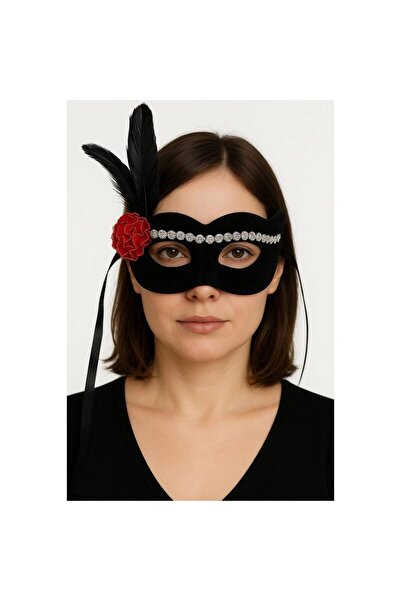 pınaxar Black Color Suede Coated Silver Lace Red Rose Design Party Mask 18X20 cm