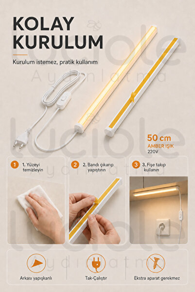 luciole 220V Amber LED Bar 50 cm Fişli Anahtarlı Yapışkanlı Tezgah Altı Dolap İçi Aydınlatma