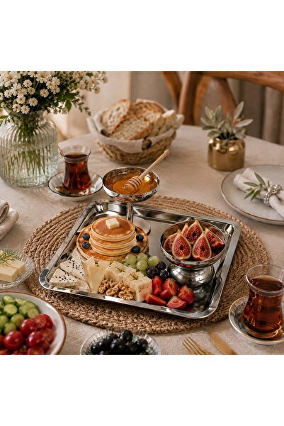 PASLANMAZ ÇELİK KARE TEPSİ&SUNUMLUK,CUP LOKUMLUK, SOSLUK,KAHVALTILIK, REÇELLİK ÇOK AMAÇLI SUNUM SETİ