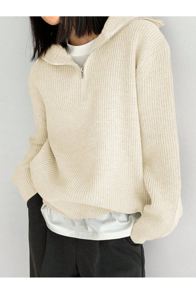 POİNE Women's Turn-Down Collar Oversize Thessaloniki Knit Zippered Basic Knitwear Sweater