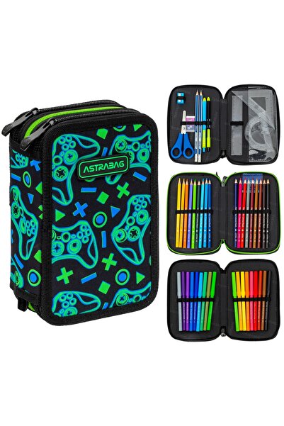 Astrabag Penar școlar cu trei compartimente, cu accesorii, Green Pads, Contro...