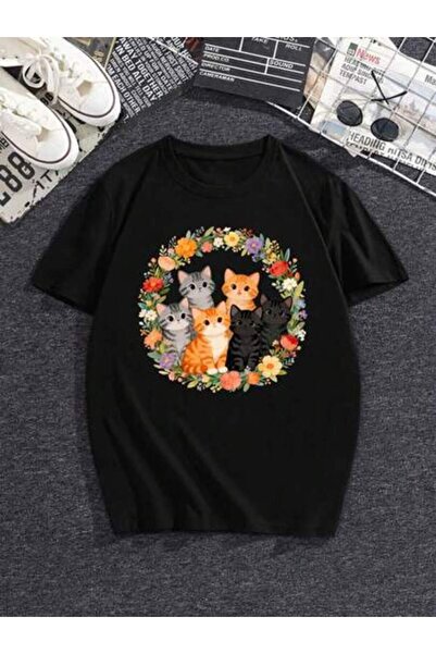 29CUN Unisex Artistic Garden Graphic T-Shirt, Colorful Kitten Pattern Casual ...