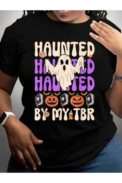 k222 تي شيرت مطبوع عليه Haunted By My Tbr Ghost Bookworm Halloween باللون الأسود