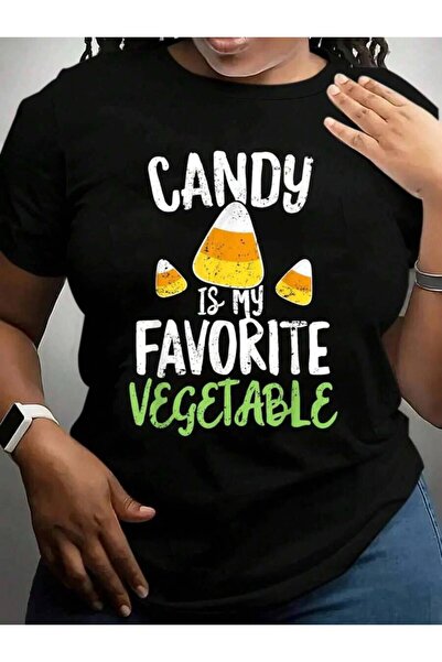 29CUN تي شيرت بطباعة جرافيكية سوداء بتصميم "Candy Is My Favorite Vegetable Co...