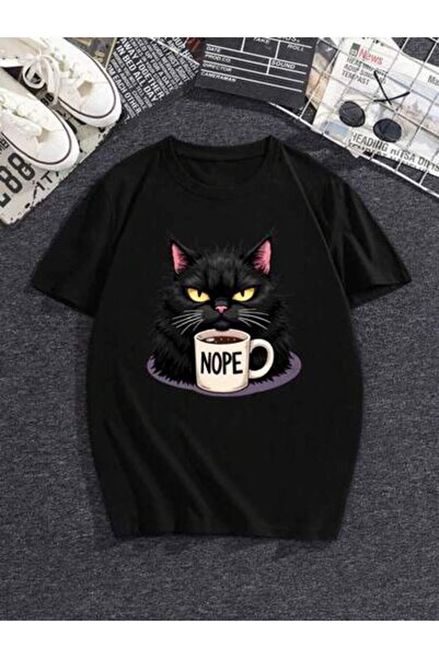 29CUN تي شيرت نسائي بمقاسات كبيرة مطبوع عليه "Nope" - تصميم قطة سوداء تحمل كو...