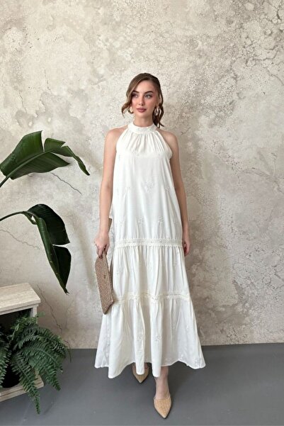Elbee Fashion Woman Εκρού φόρεμα μάξι με λεπτομέρειες από γκουπέρ και στρώσεις