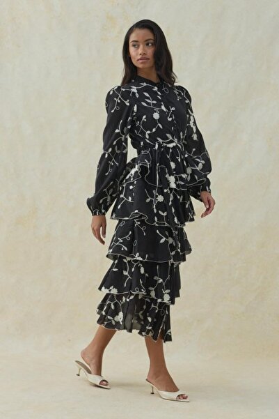 ELBEE Black Floral Embroidery Detailed Layered Chiffon Dress