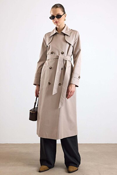 Olcay Cape Detailed Double-Breasted Water-Repellent Trench Coat Stone 6890