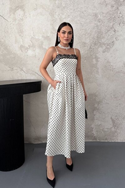 Elbee Fashion Woman Εκρού φόρεμα με πουά και δαντέλα