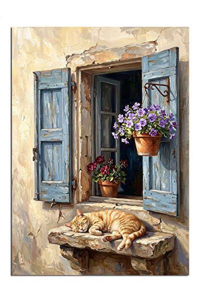 Artmeg Pânză decorativă cu pisică portocalie adormită pe fereastră - Tablou d...