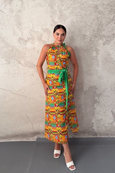 SEREMONİ BUTİK Yellow Ethnic Pattern Belted Dress