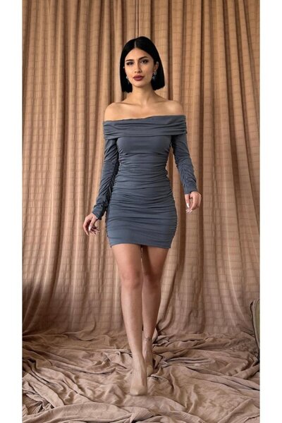 Generic Brand Gray Gathered Madonna Collar Dress