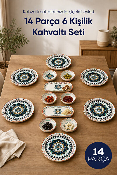 Vienev Safir Desenli 14 Parça 6 Kişilik Seramik Kahvaltı Takımı Servis Sunum ...
