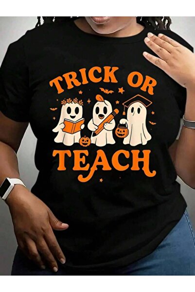 kai22 تي شيرت Teacher Trick Or Teach Retro Groovy Floral Ghost Halloween Blac...