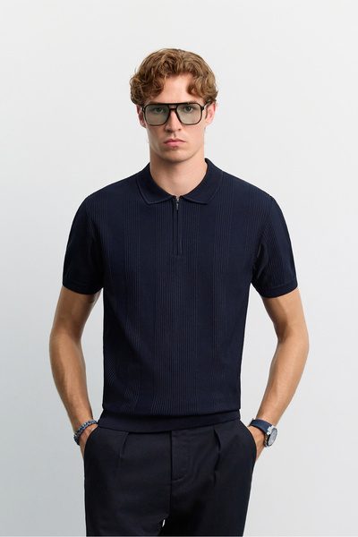 Avva Men's Navy Blue Polo Collar Zippered Easy-Ironing Anti-Wrinkle Short Sle...