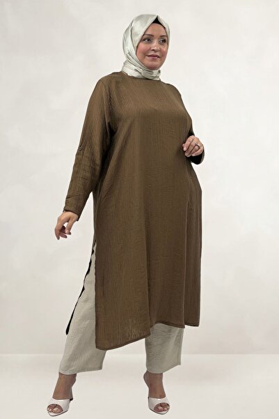 Eslina 68077 Plus Size. Double Tensel Tunic with Side Slits - Tan