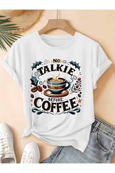 4CR 2026 Spring/Summer New Women's Round Neck Coffee Fun Slogan Print Short S...
