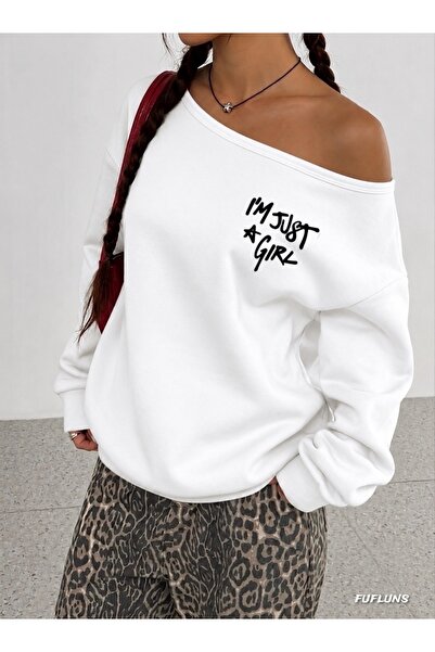 FUFLUNS I'M Just a Girl Printed Oversized Women's Boat Neck Sweatshirt