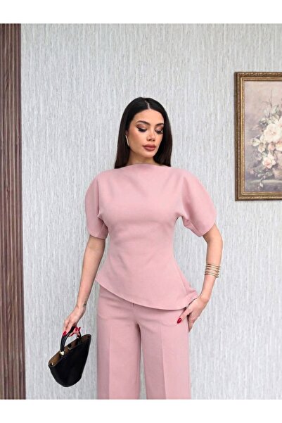 QETEENN Kadın Siyah Balon Kol Asimetrik Kesim Bluz ve Yüksek Bel Pantolon Takım