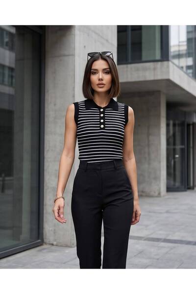 Trend Kapında Women's Striped Polo Collar Buttoned Sleeveless Knitwear Blouse